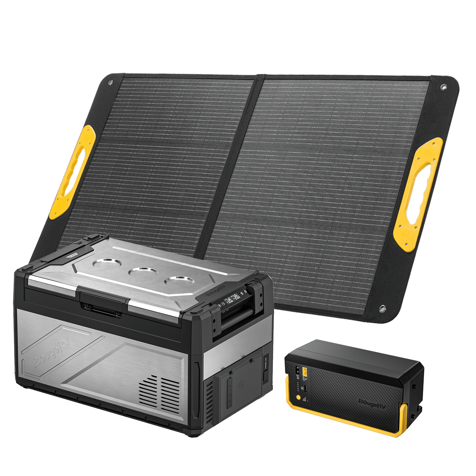 BougeRV New Rocky V3.0 41QT Dual Zone 12V Car Fridge with battery and a solar panel