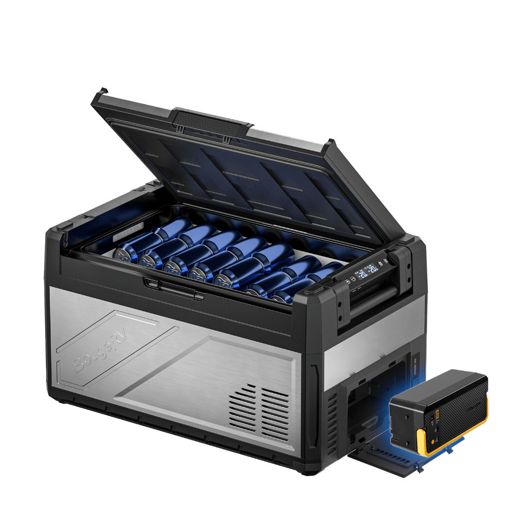 BougeRV New Rocky V3.0 41QT Dual Zone 12V Car Fridge with battery showing 