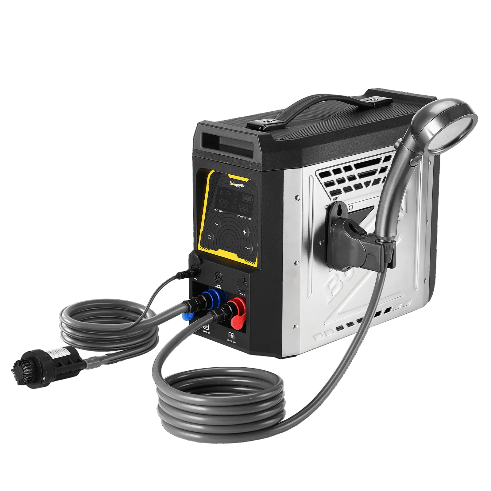 Portable shower unit with hose and control panel