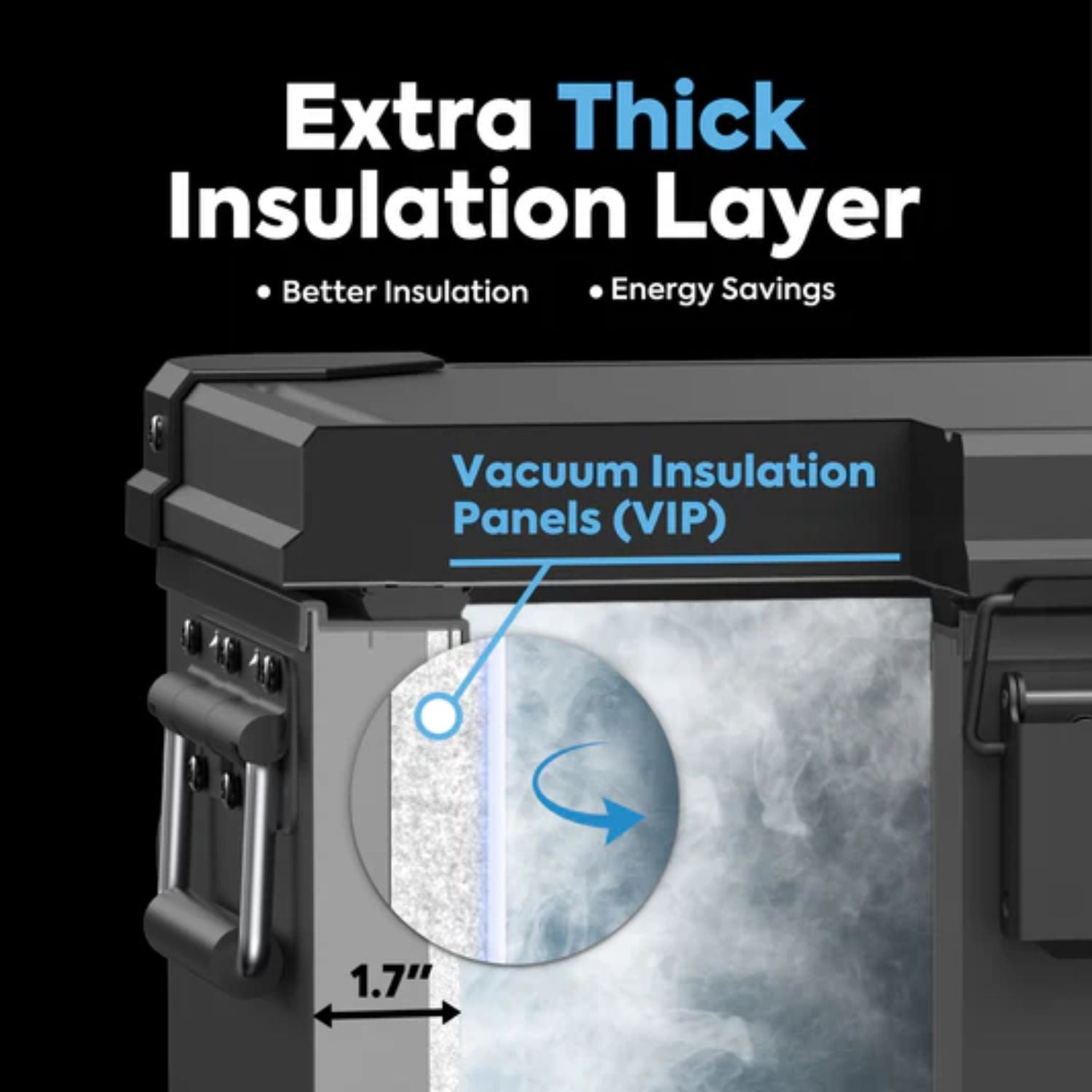 Close-up of ICECO APL35 portable freezer showing extra thick insulation for superior cooling