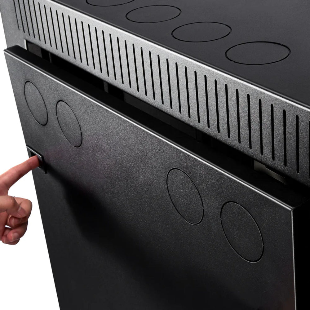 Close-up of a Rich Solar Battery Server Rack for ALPHA 5 PRO with buttons, including a hand pressing a button.