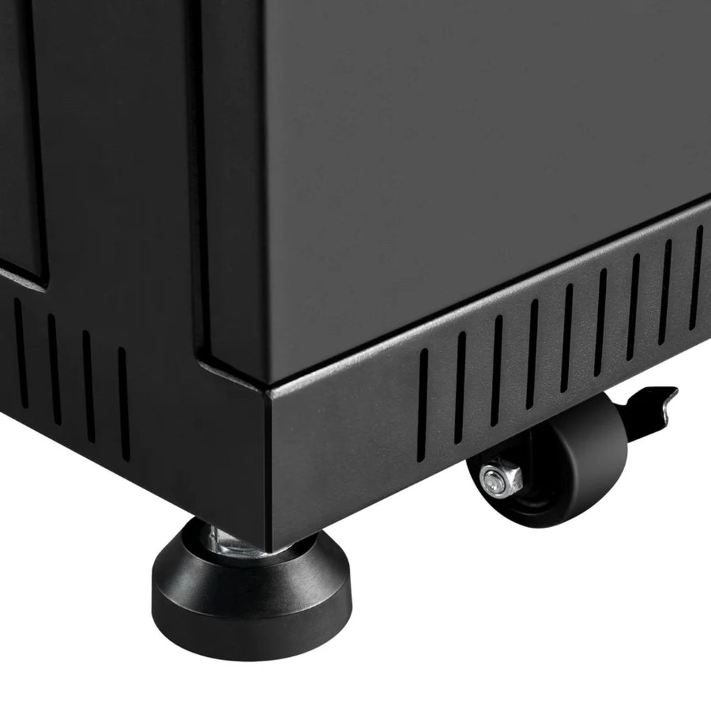 Close-up of a Rich Solar Battery Server Rack for ALPHA 5 PRO with wheels on a white background