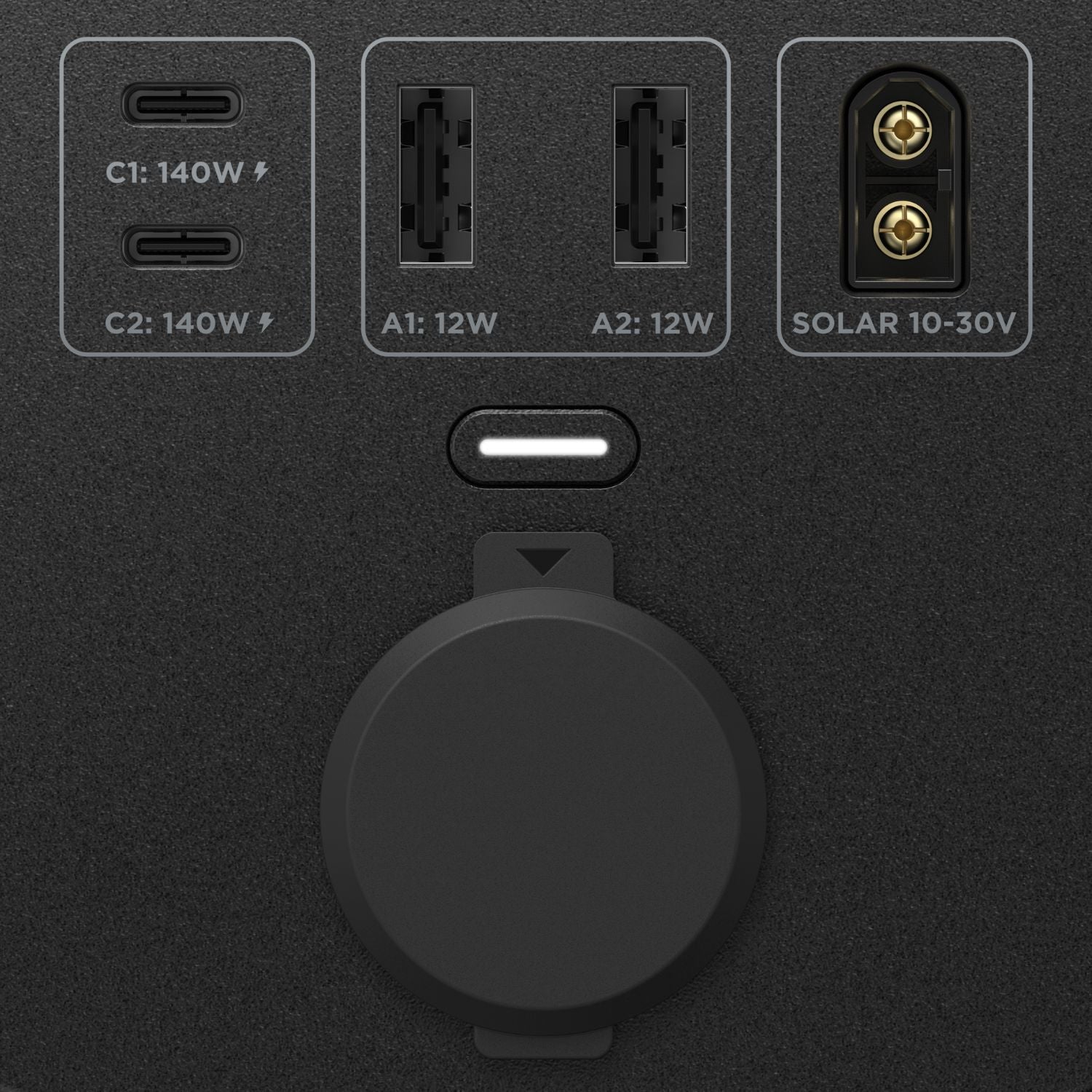 Close-up of a power adapter with multiple ports of EcoFlow TRAIL 300DC Portable Power Station