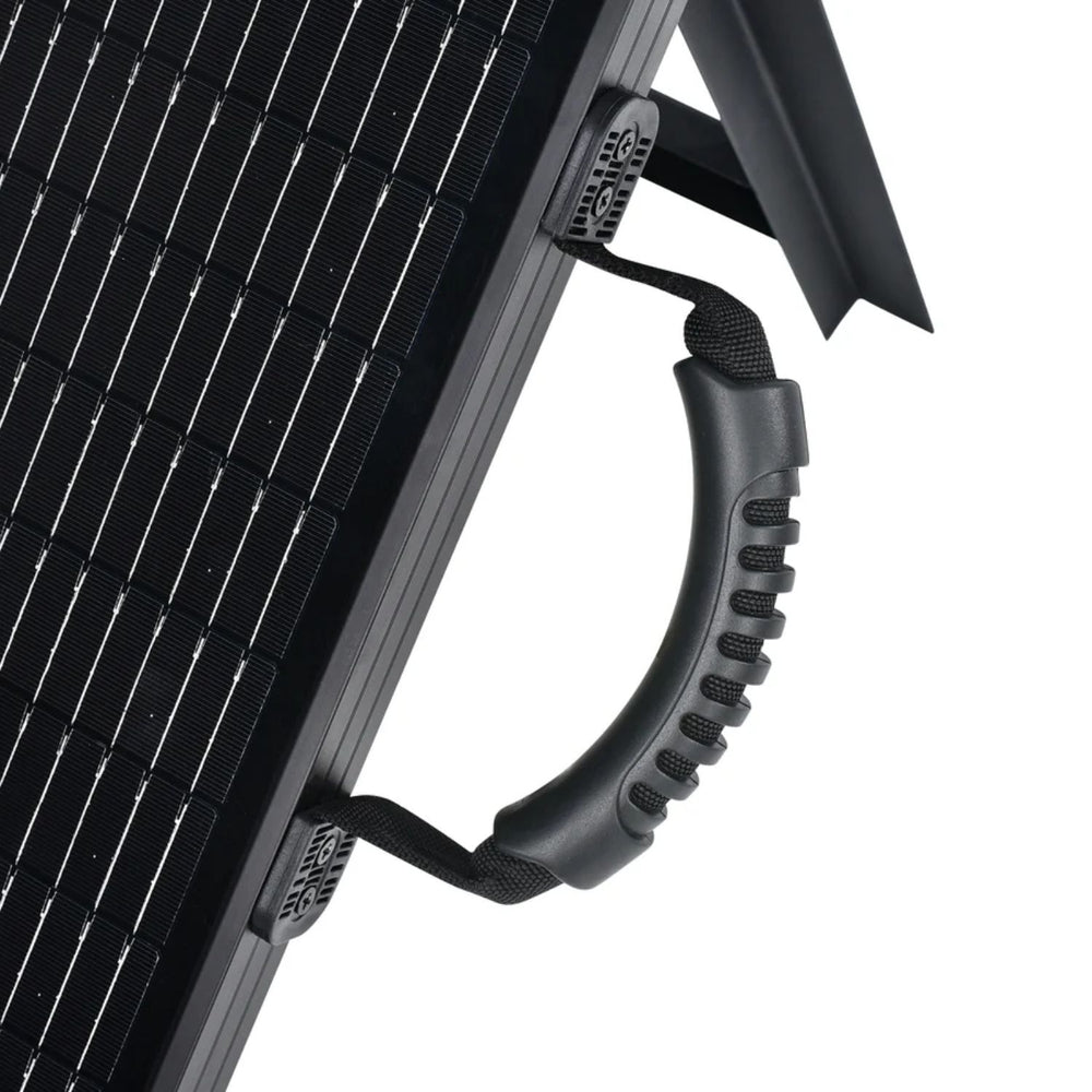 Close-up of handle on Rich Solar MEGA 100W Portable Solar Panel Briefcase
