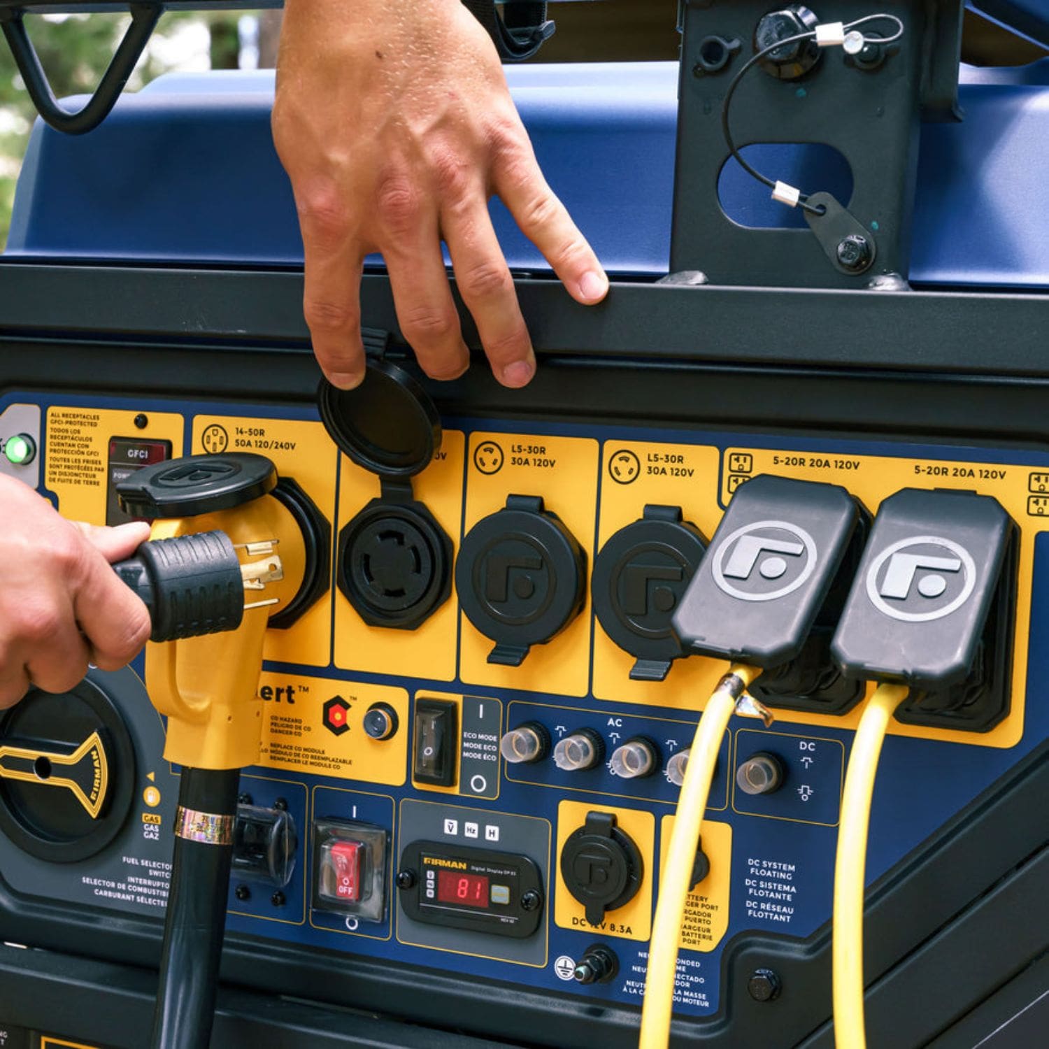 Close-up of the Firman T12071 Tri-Fuel Portable Generator 15000W showcasing multiple power ports
