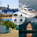 Collage of RV, yacht, tent, and cabin with icons labeled RV, Marine, Camping, and Back-Up with Renogy Solar Suitcase 200W Solar Panel