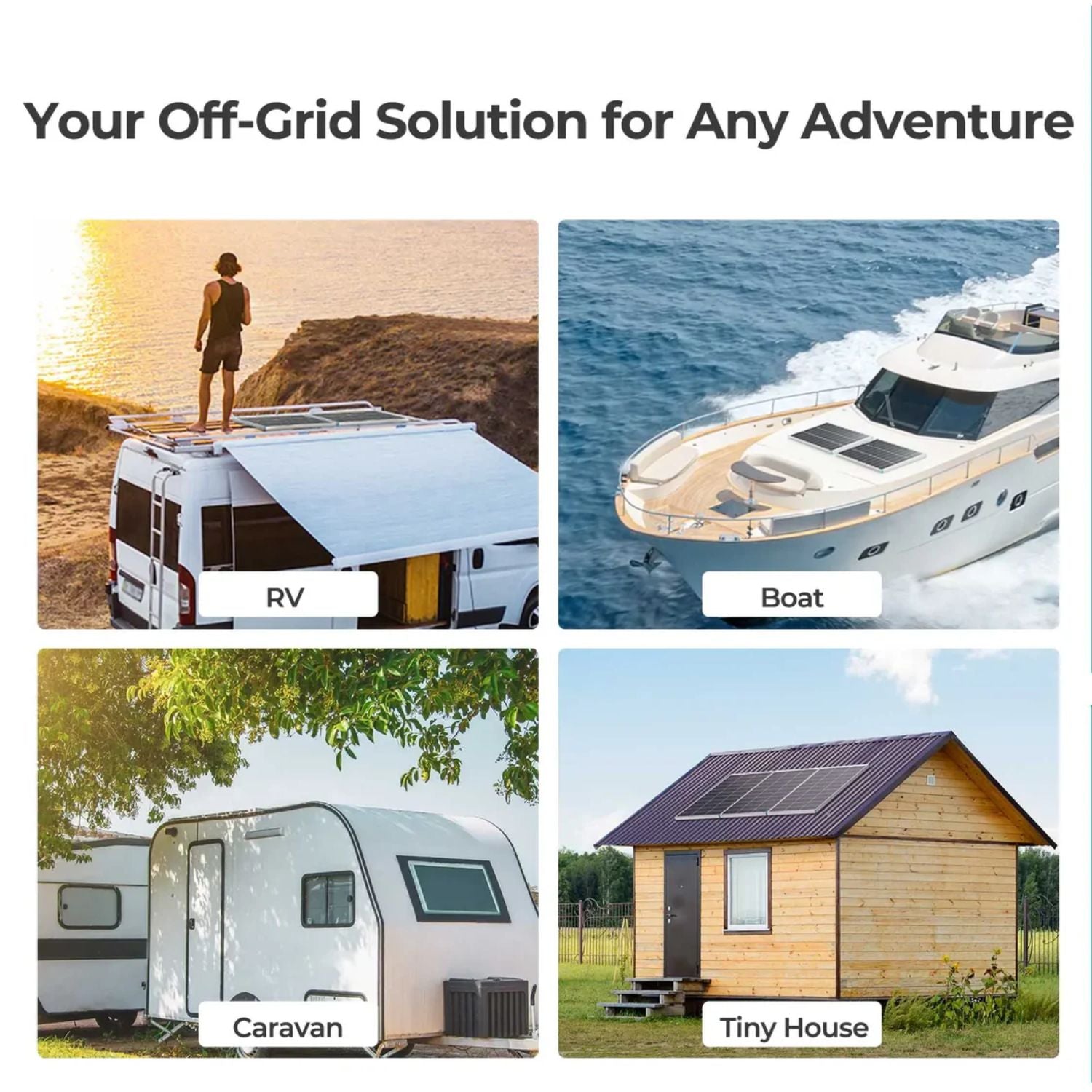 Collage of Starter RV Kit N-Type 200W 12V Solar Kit in a RV, boat, caravan, and tiny house with text 'Your Off-Grid Solution for Any Adventure'.