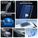 Collage of solar panel features with text highlighting benefits like output in shade, fast charging, and lifespan guarantee.