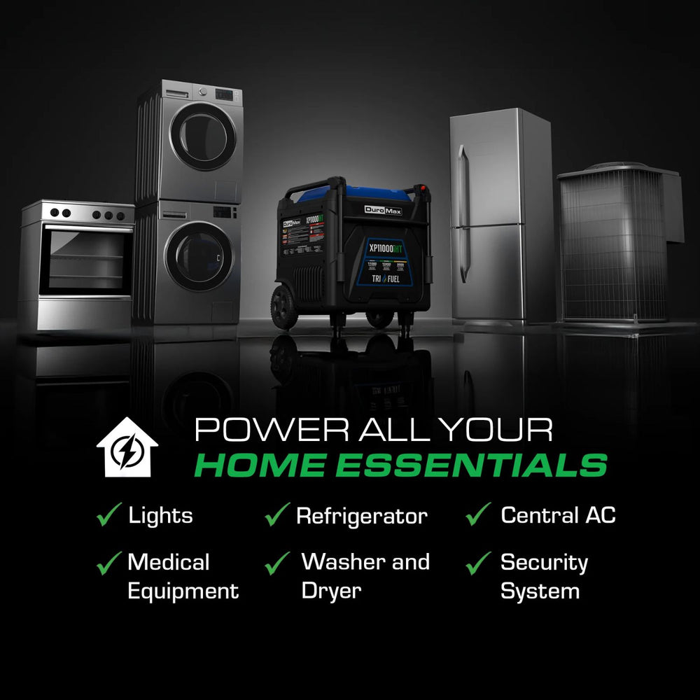 Collection of home appliances including a generator with text promoting power for home essentials on a black background.
