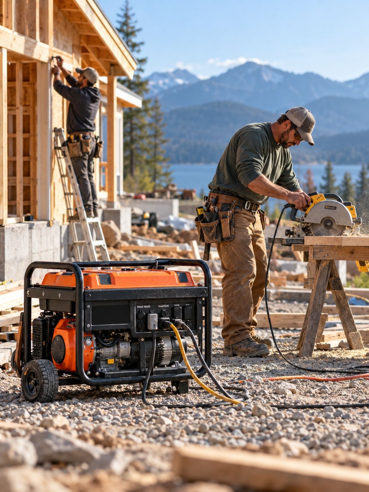 Contractors on a jobsite using a portable generator to run a circular saw