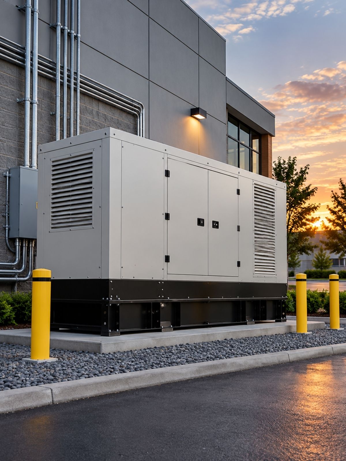 Commercial standby generator on a concrete pad beside a business building