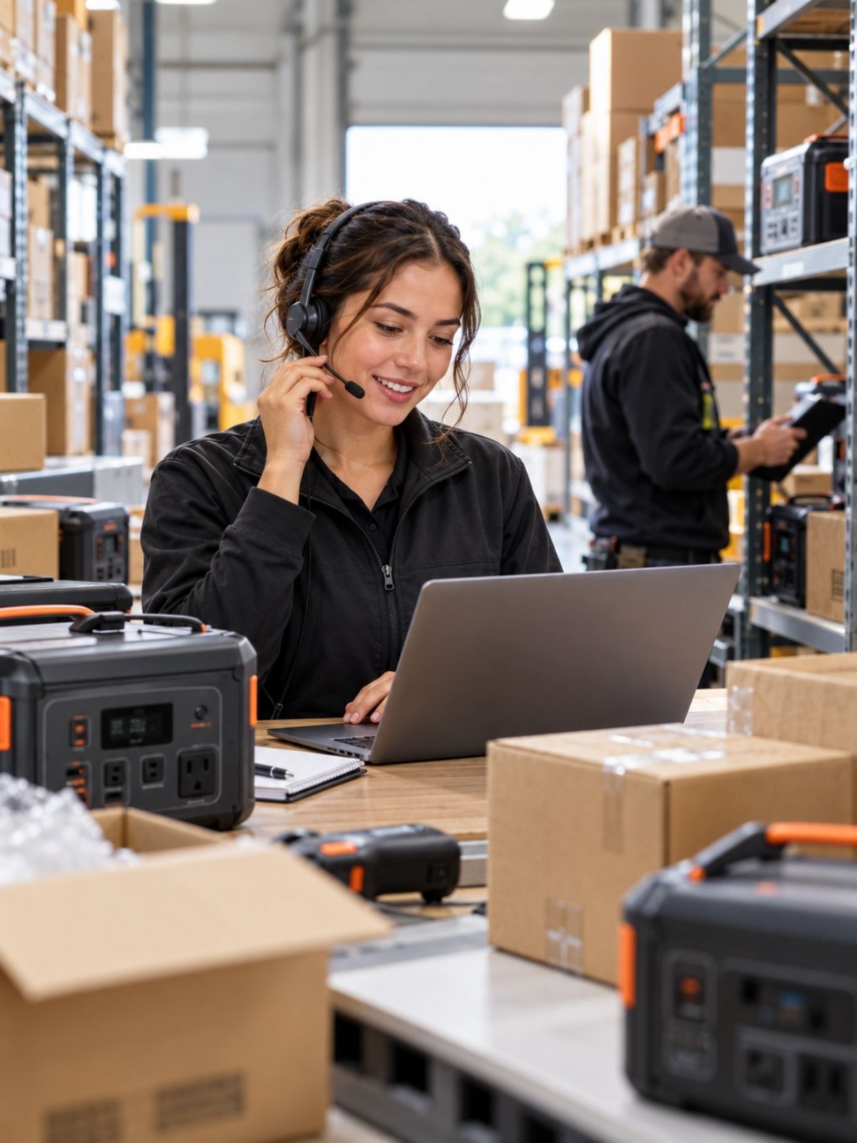 Outbound Power team member on a headset reviewing a commercial order in the warehouse