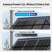 Comparison of Renogy Shadowflux solar panel with traditional panel showing power output on a roof with trees in the background.