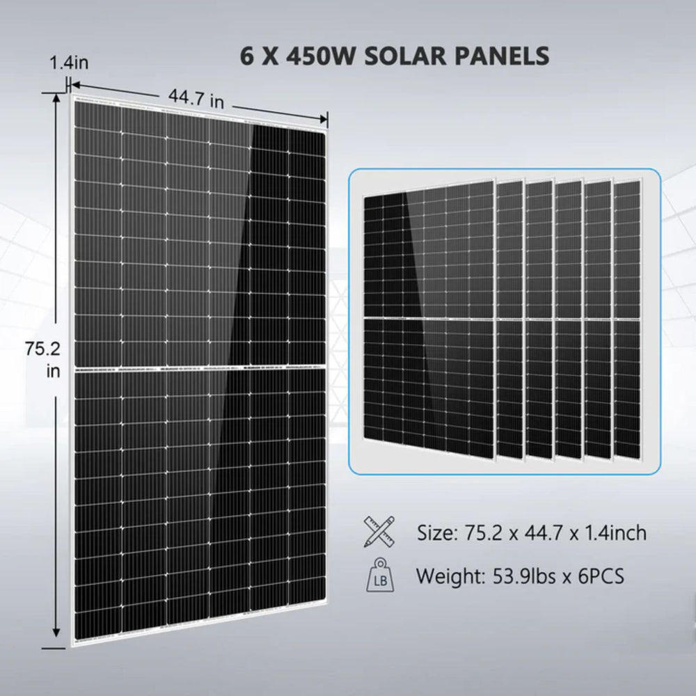 Complete off Grid Solar Kit 6500W 48V 6 x 450W solar panels with dimensions and weight information on a gray background