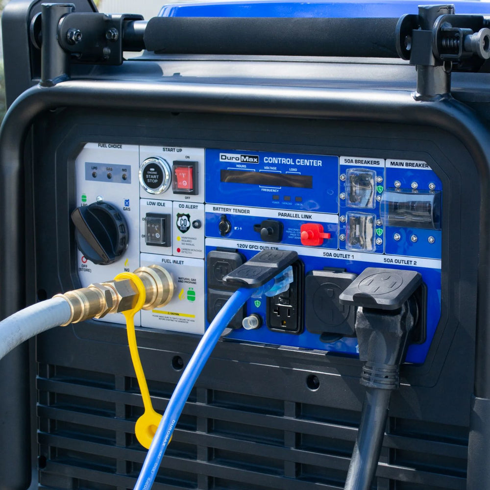 Control panel of a DuroMax XP16000iHT Tri-Fuel Generator  with various hoses and connectors attached