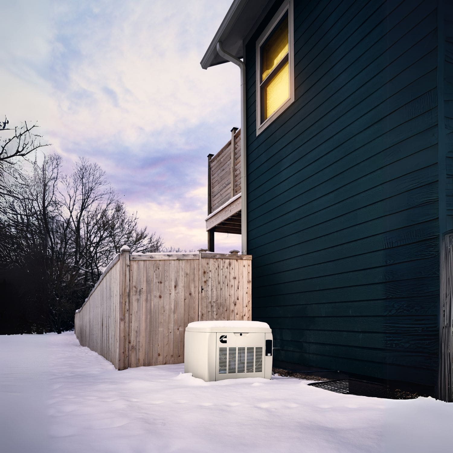 Cummins RS17A 17kW Home Standby Generator installed outside in the snow zoomed-out view