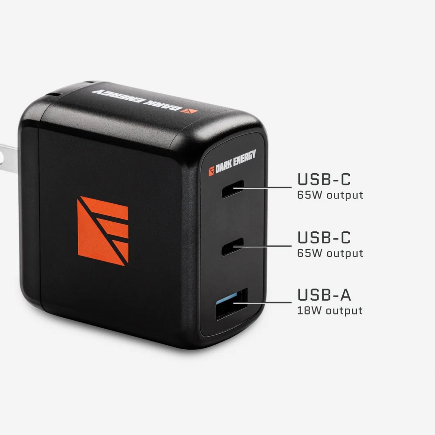 Dark Energy 65W AC Wall Adapter with dual USB-C and USB-A charging ports.