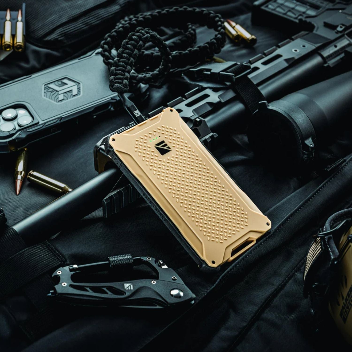 Dark Energy Poseidon Pro Power Bank - Desert with a phone charging to it 