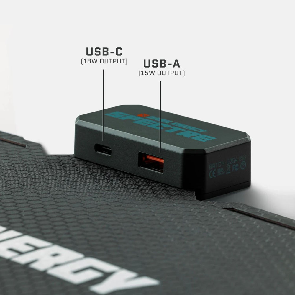 Dark Energy Spectre 18W Solar Panel - Gray close up view of its USB ports 