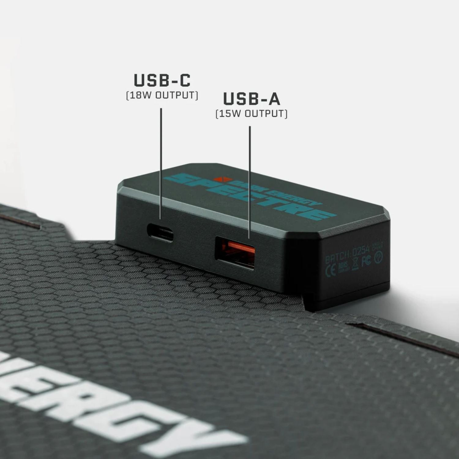 Dark Energy Spectre 18W Solar Panel - Gray close up view of its USB ports 