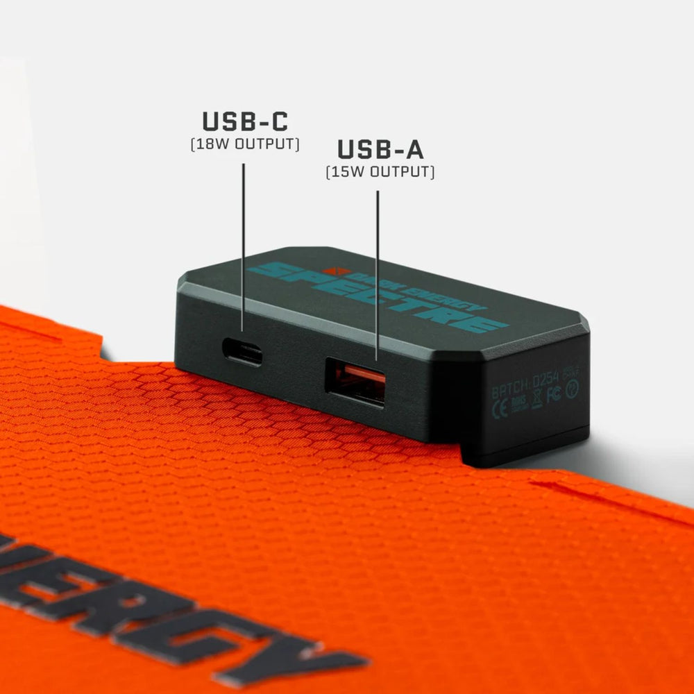 Dark Energy Spectre 18W Solar Panel - Orange close up view of USB ports 