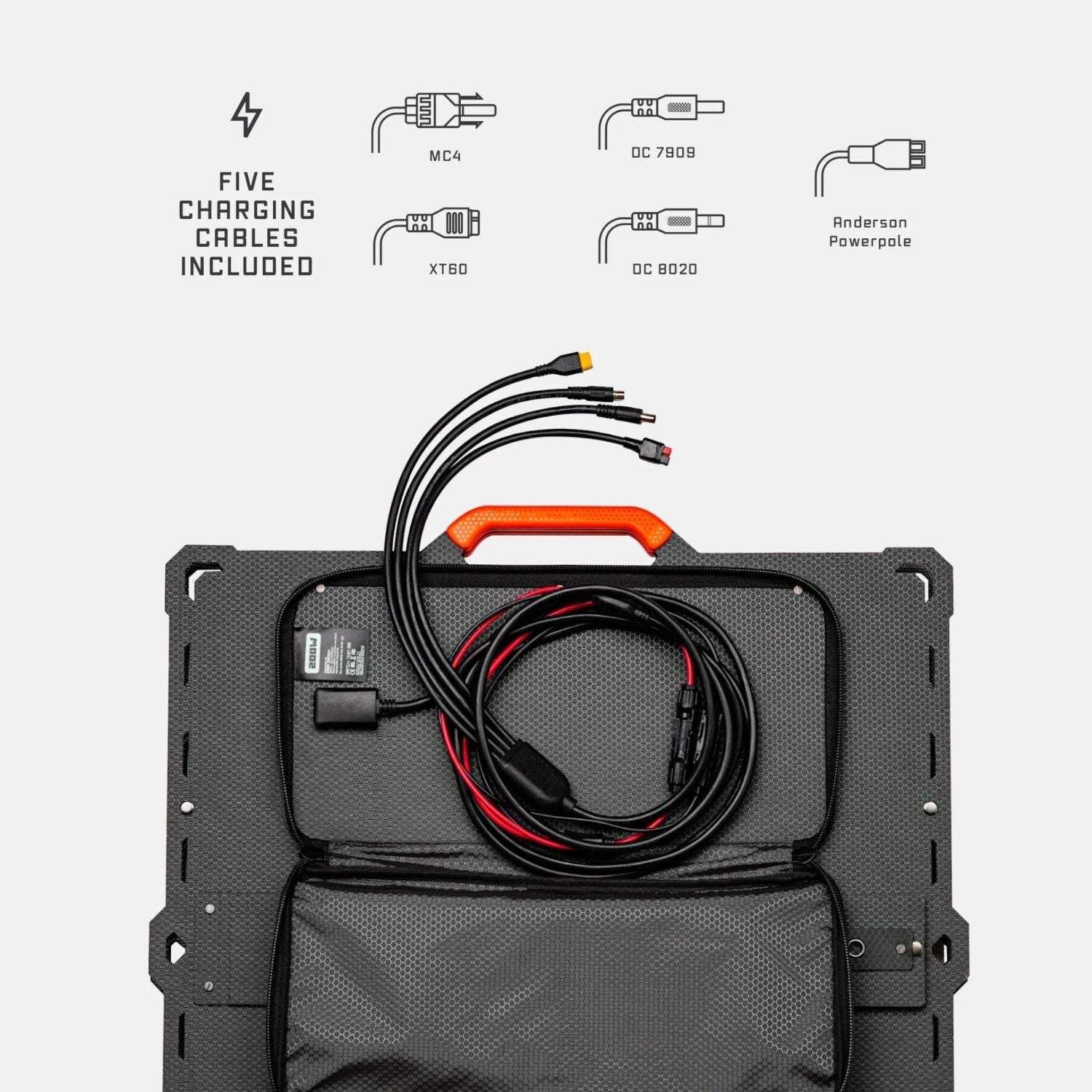 Dark Energy Spectre 200W Solar Panel has five charging cables 