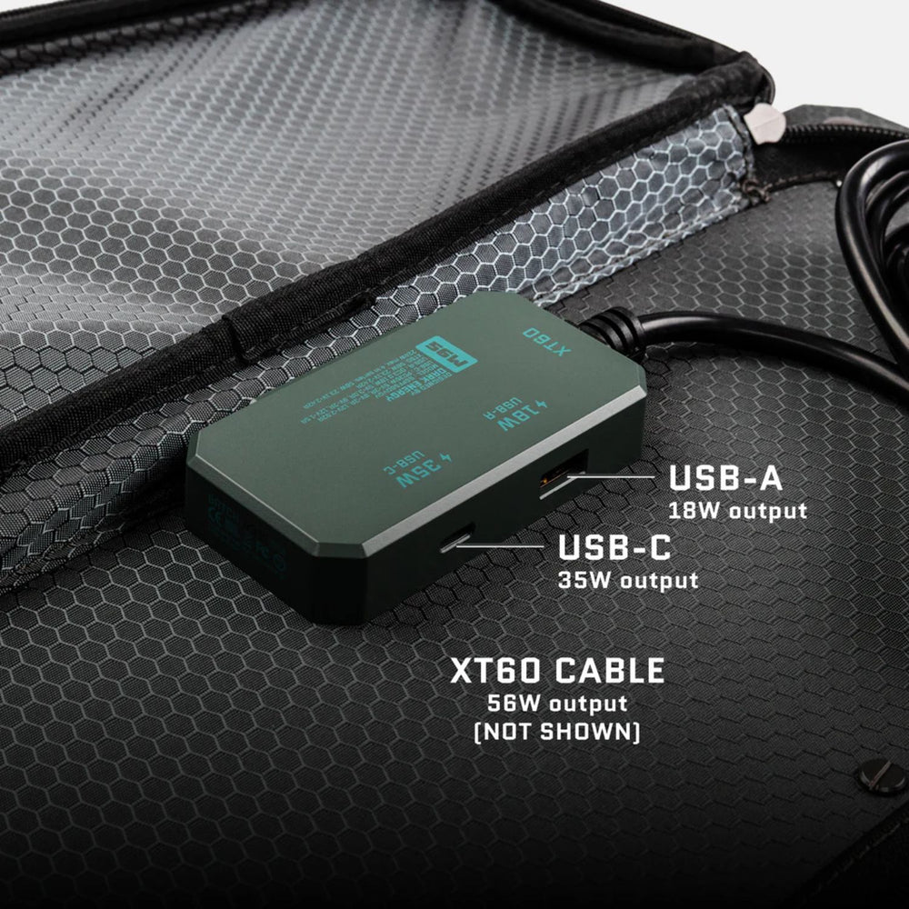 Dark Energy Spectre 56W Solar Panel close up view of its USB ports 