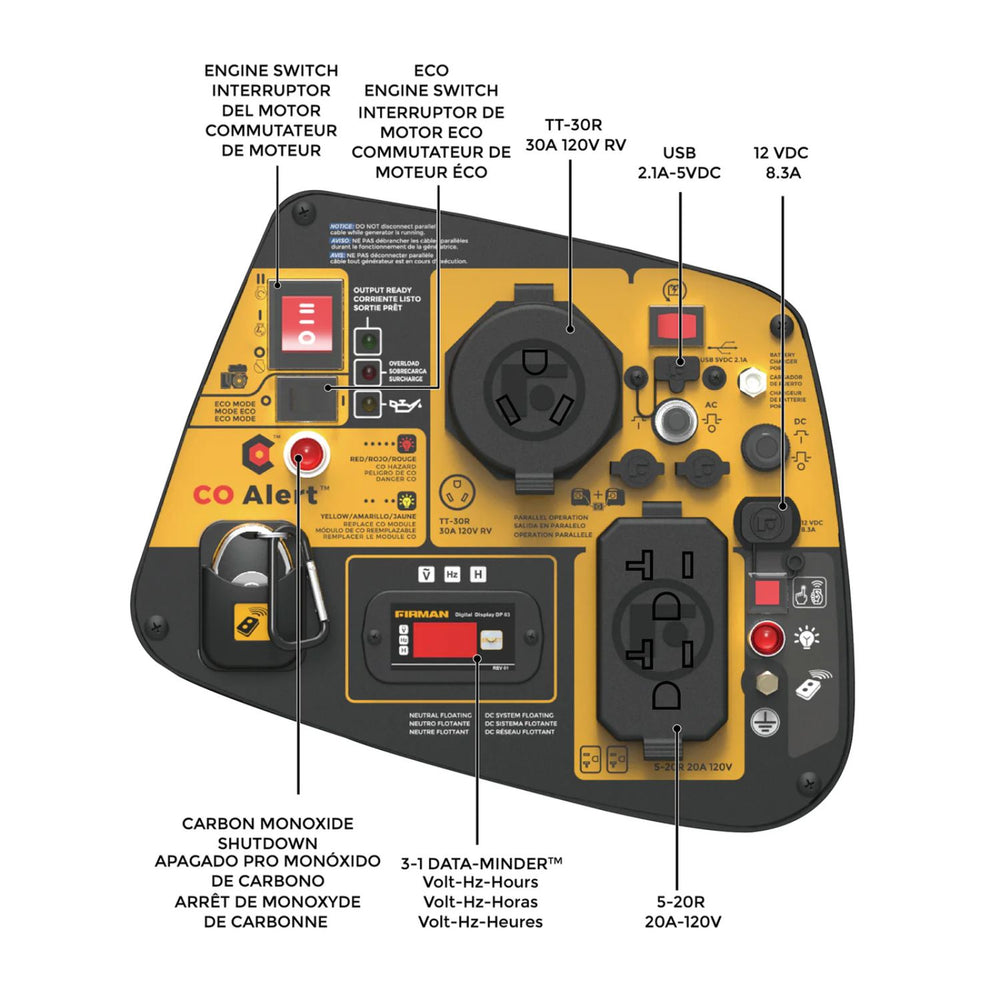 Detailed diagram of a Firman W03386 Generator with labeled components on a white background