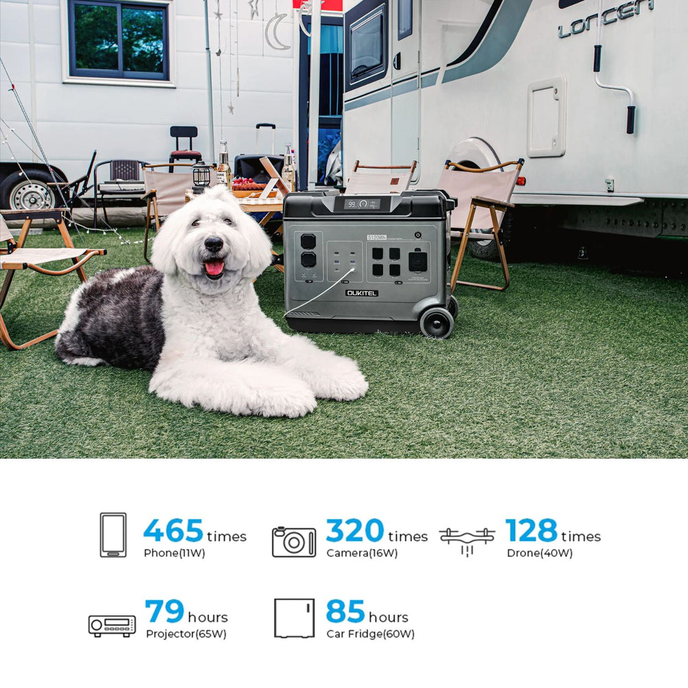 Dog lying on grass next to a OUKITEL P5000 Portable Power Station with an RV in the background