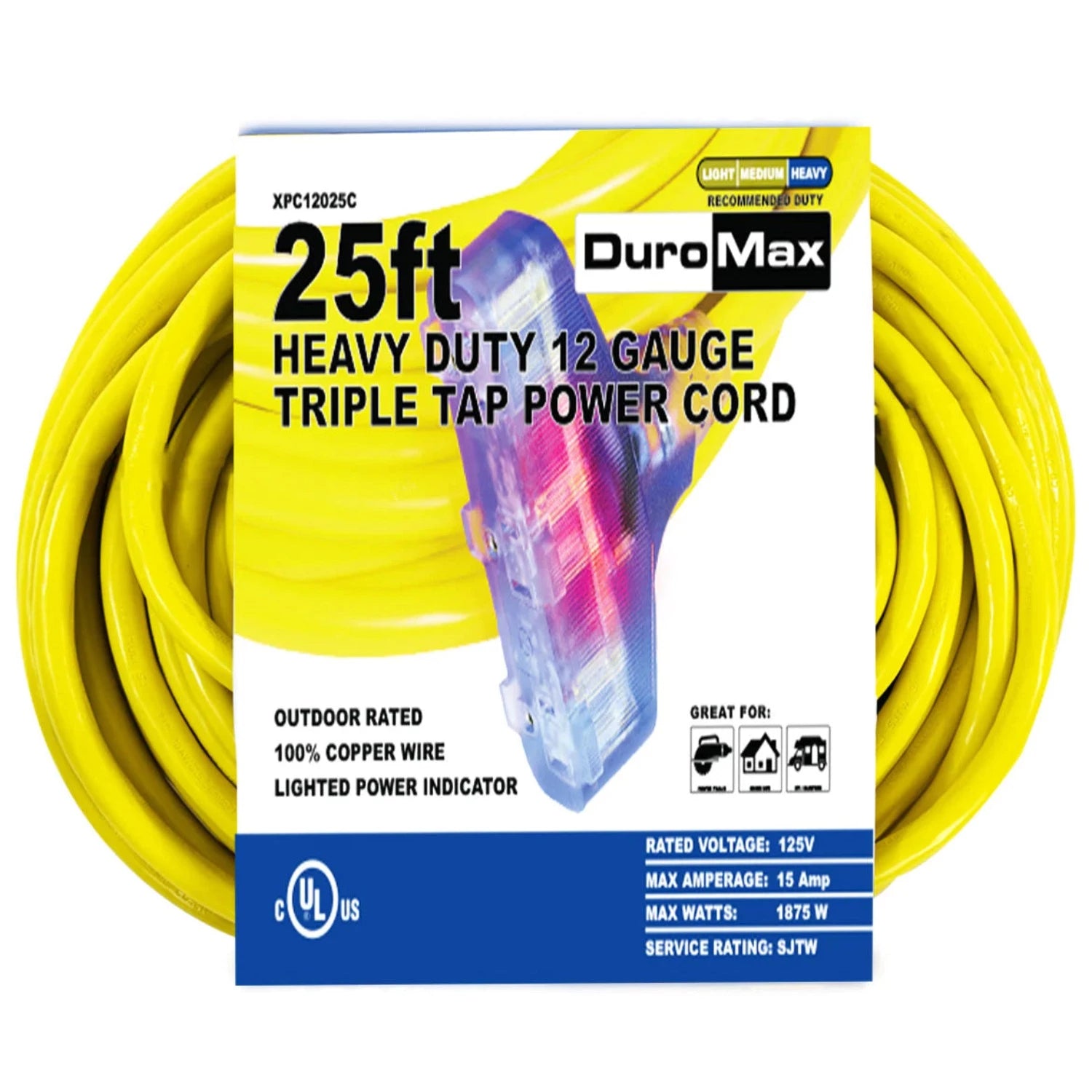 DuroMax 25-Foot 12 Gauge Triple Tap Extension Power Cord