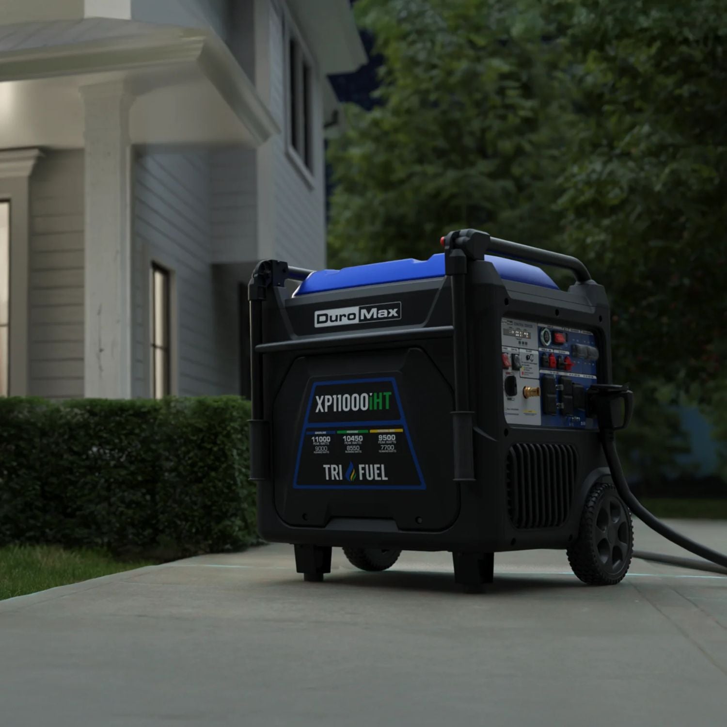 DuroMax XP11000iHT Portable Inverter Generator outside a house