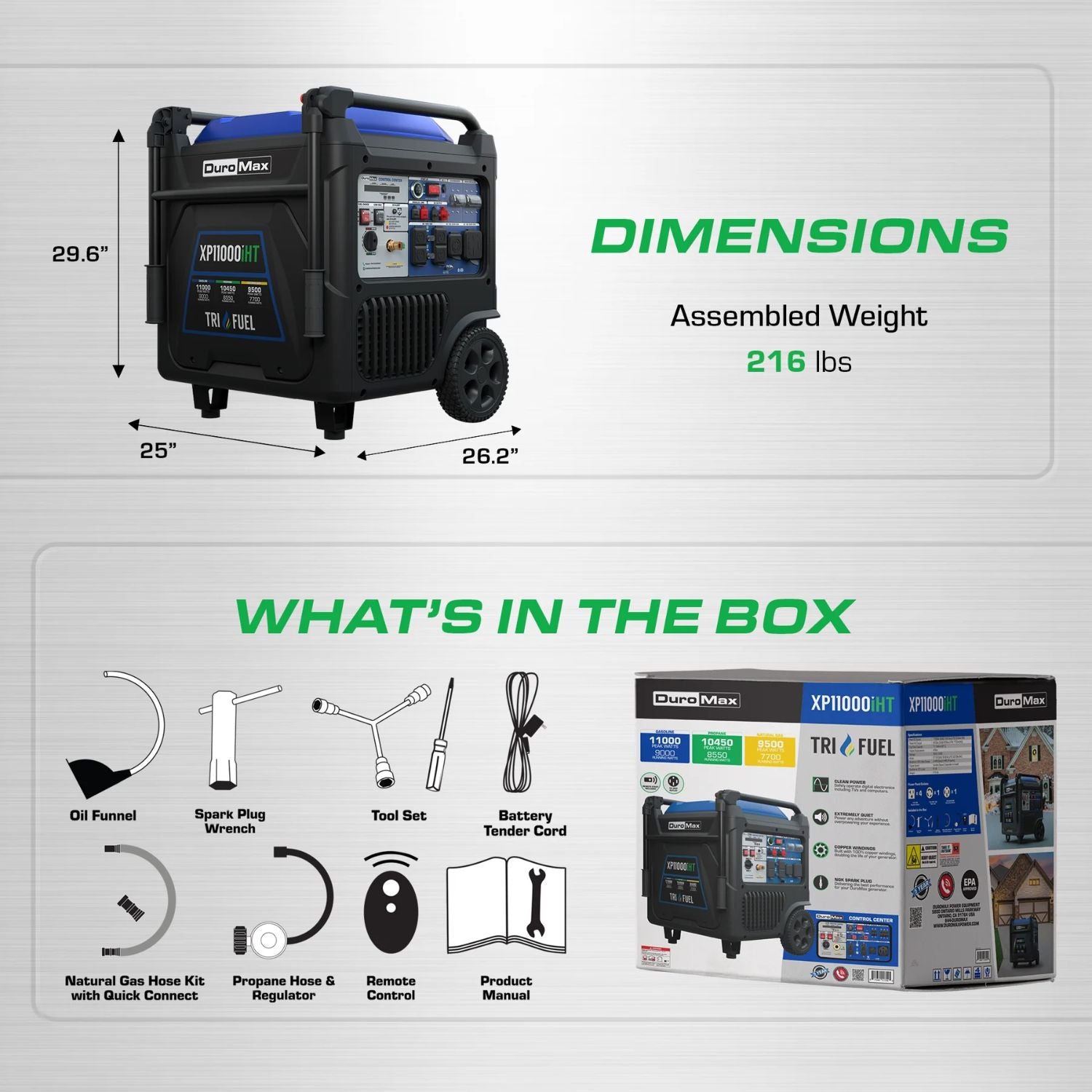 DuroMax XP11000iHT Portable Inverter Generator  with dimensions and features listed on a gray background