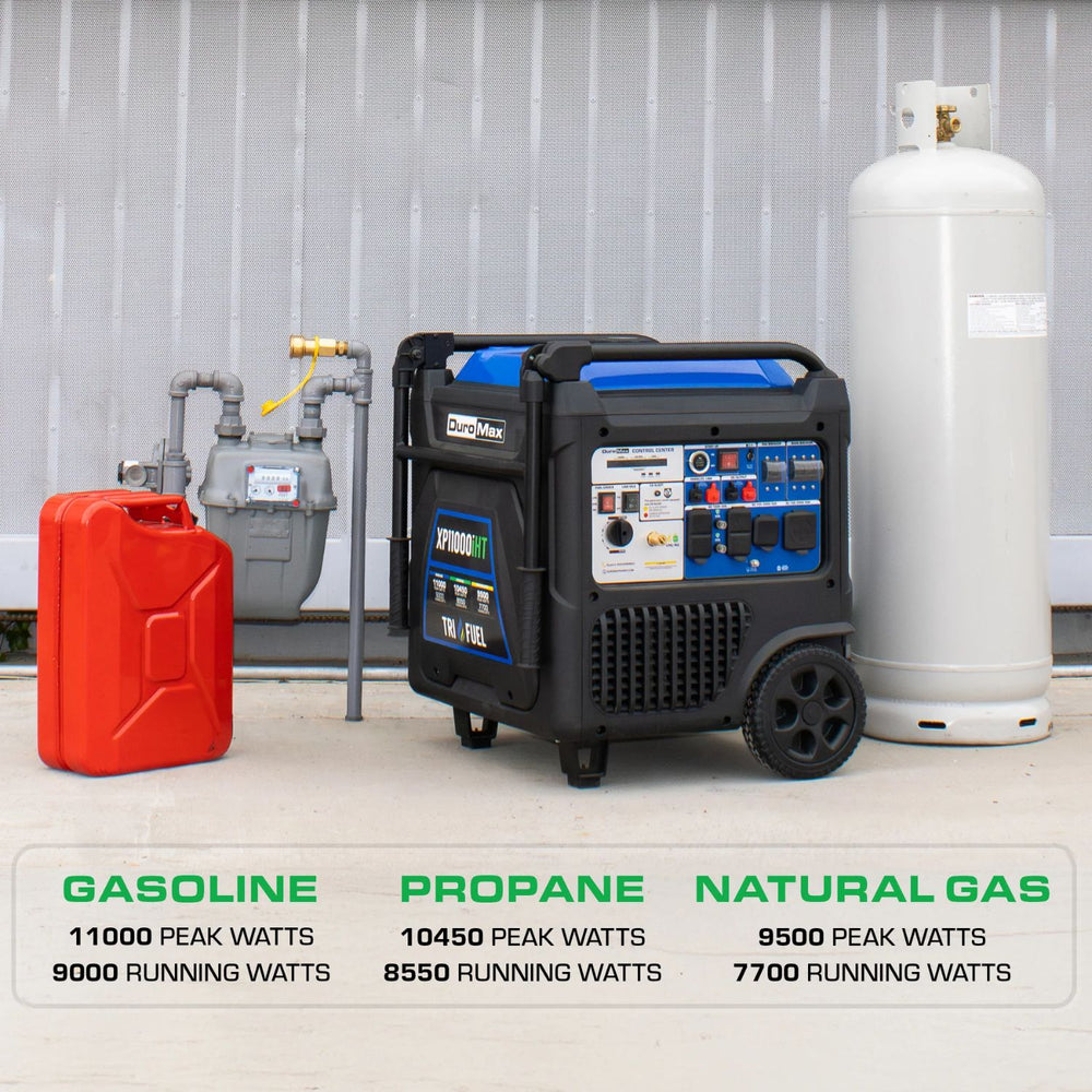 DuroMax XP11000iHT Portable Inverter Generator with fuel tanks and a propane tank on a white background