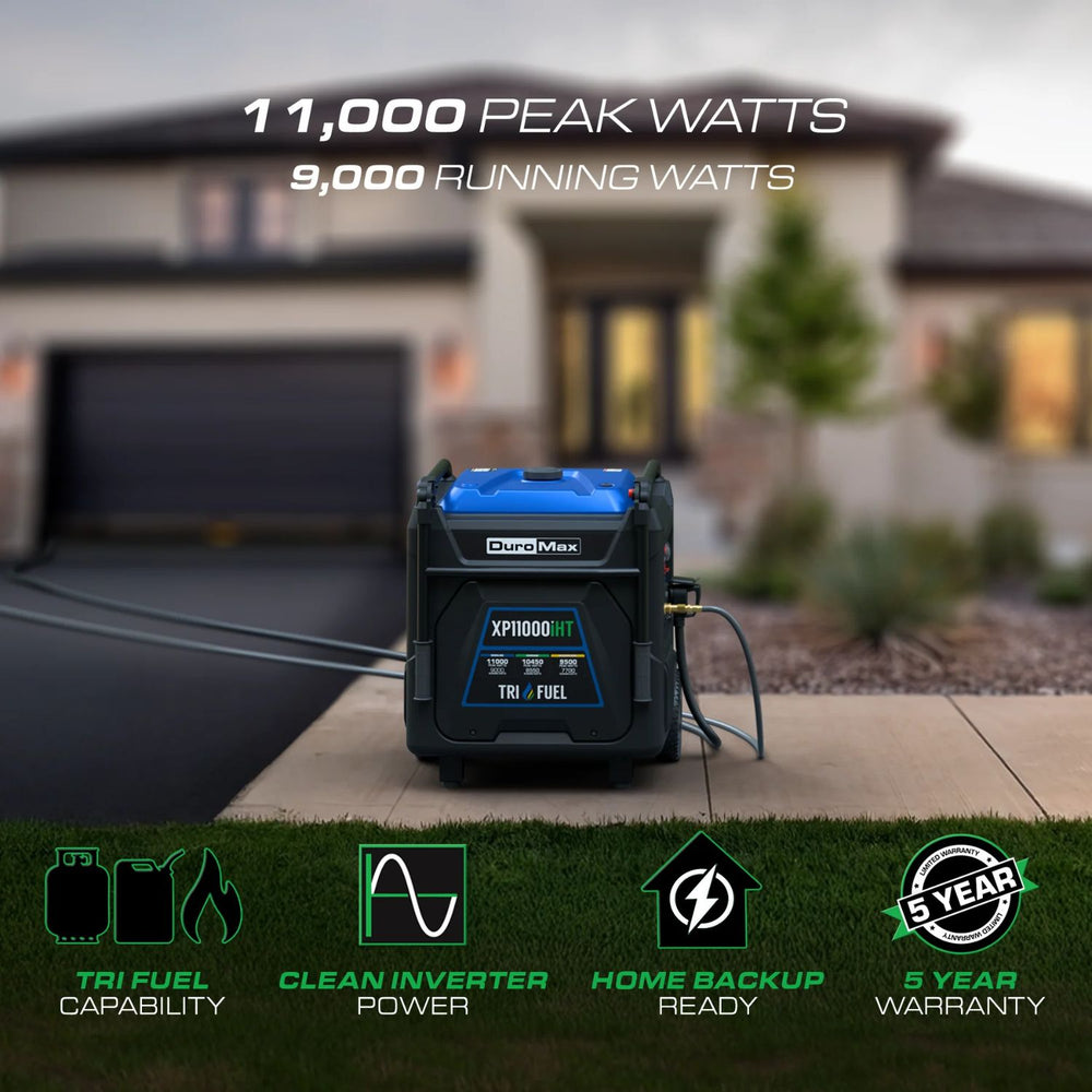 DuroMax XP11000iHT Portable Inverter Generator with house in the background