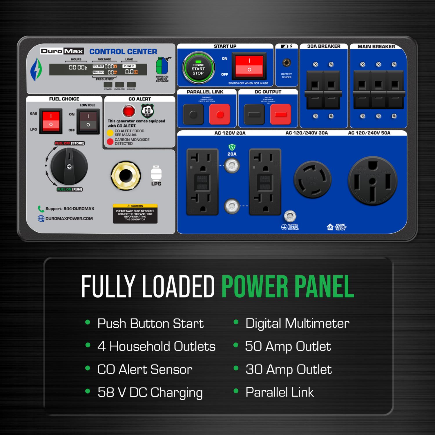 DuroMax XP11000iH Portable Dual Fuel Inverter Generator w/ CO Alert  Fully loaded Power Panel