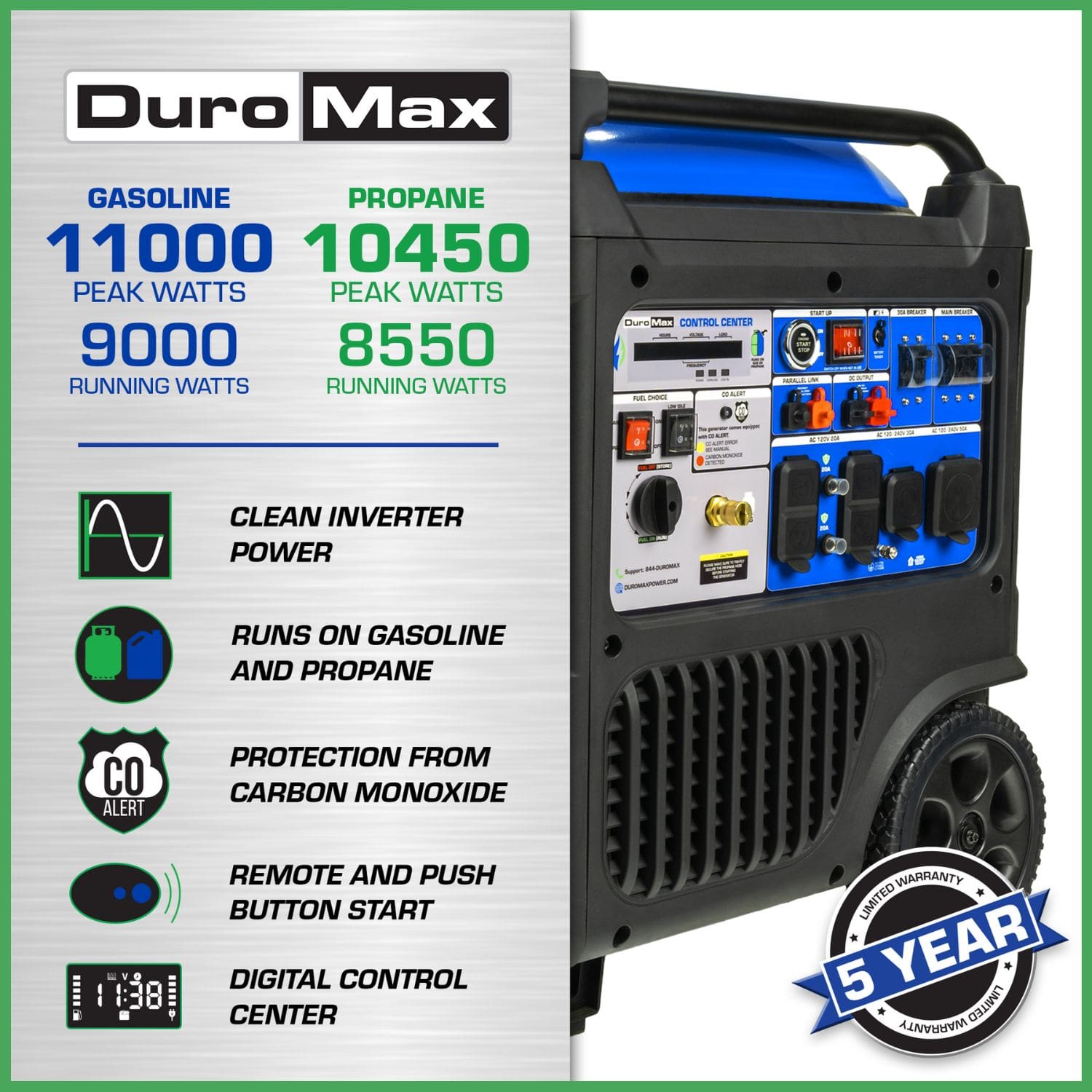 DuroMax XP11000iH Portable Dual Fuel Inverter Generator w/ CO Alert Propane and Gasoline
