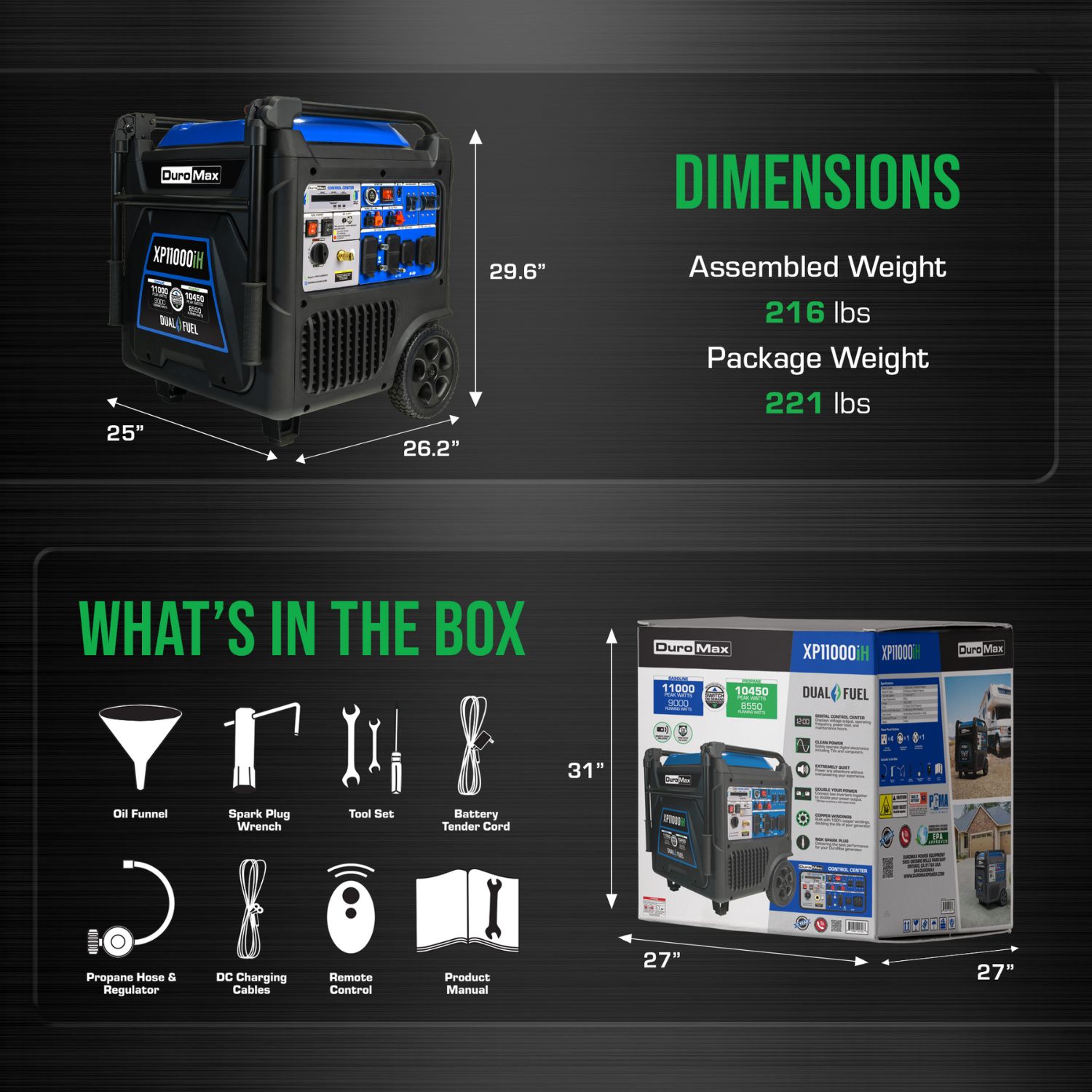 DuroMax XP11000iH Portable Dual Fuel Inverter Generator w/ CO Alert dimension