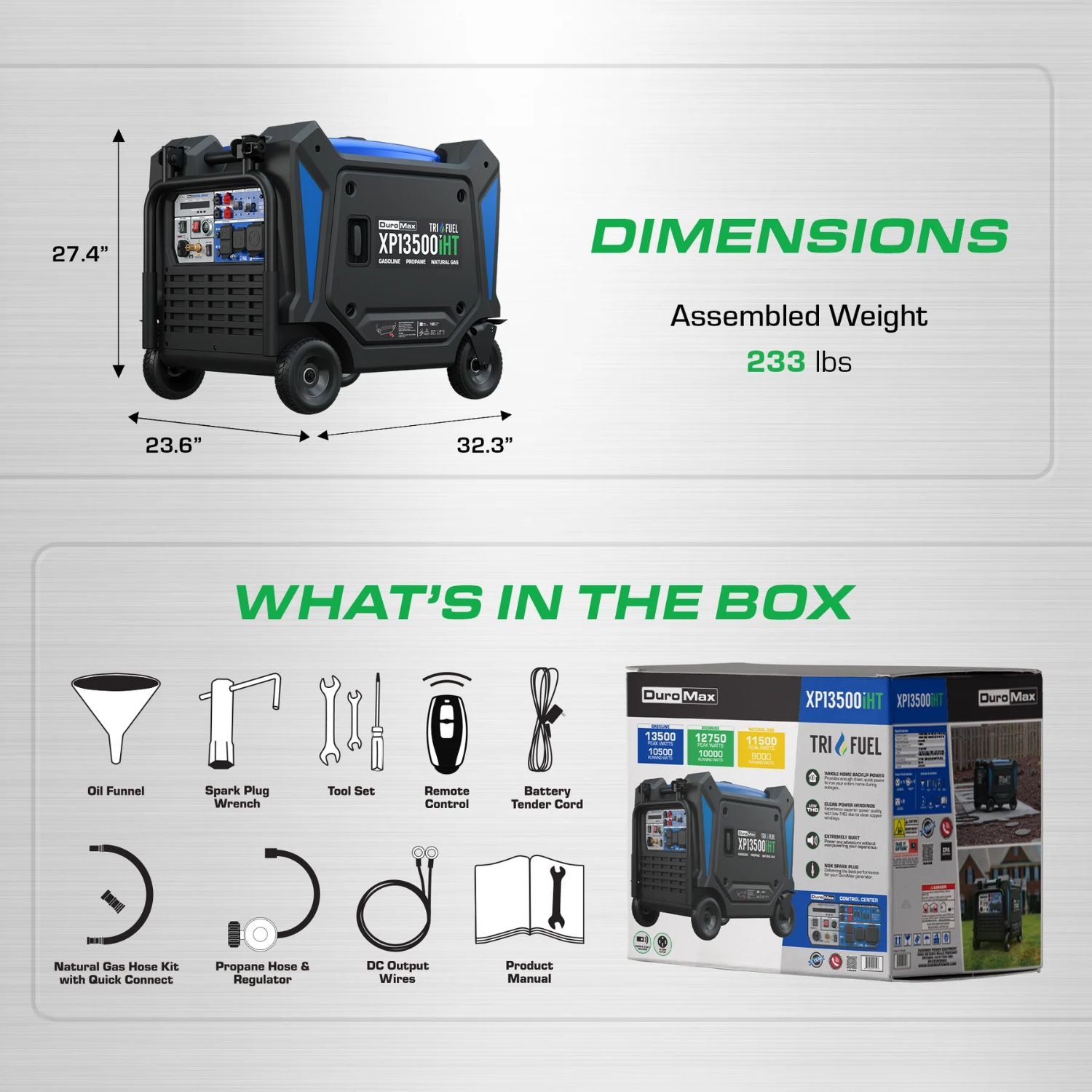 DuroMax XP13500iHT Tri-Fuel 10,500W/13,500W Portable Inverter Generator dimensions 