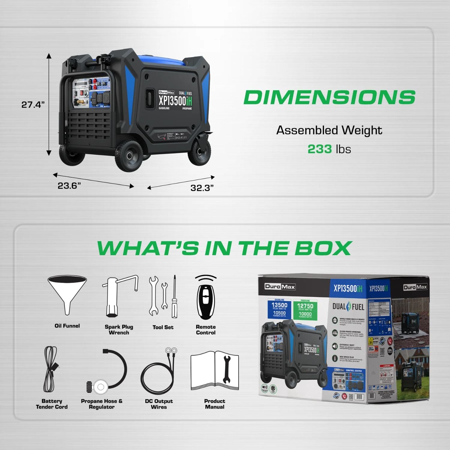 DuroMax XP13500iH Dual Fuel dimensions 