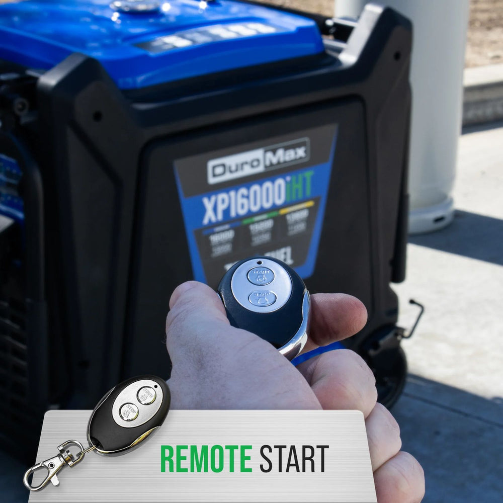 DuroMax XP16000HT generator with a remote control and 'Remote Start' label.
