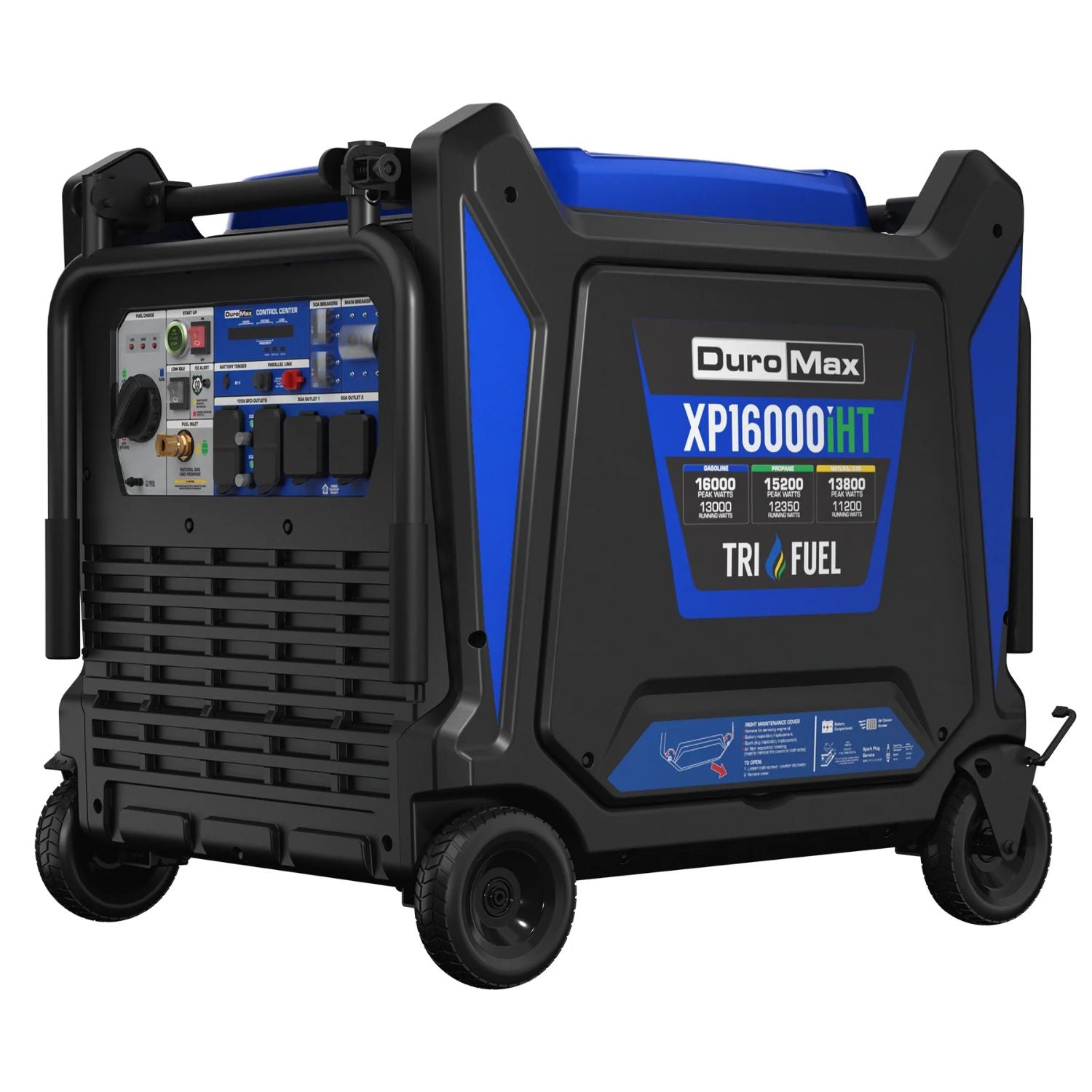 DuroMax XP16000HT tri-fuel generator on a white background