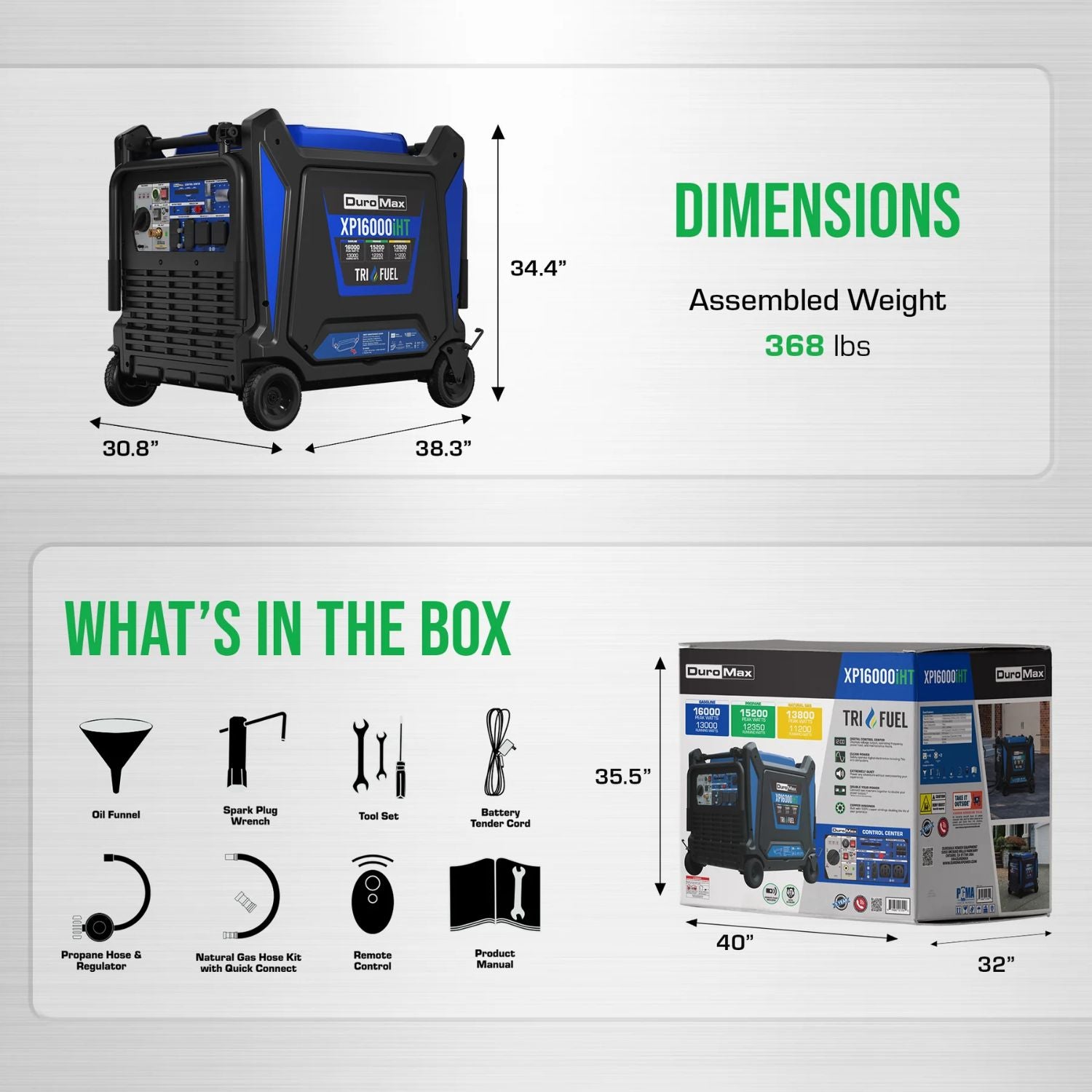 DuroMax XP16000iHT Tri-Fuel Generator  with dimensions, weight, and list of included items on a gray background