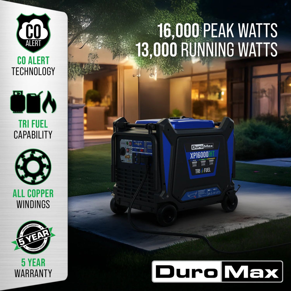 DuroMax XP16000iHT Tri-Fuel Generator with features listed on the left side, outdoors at night.