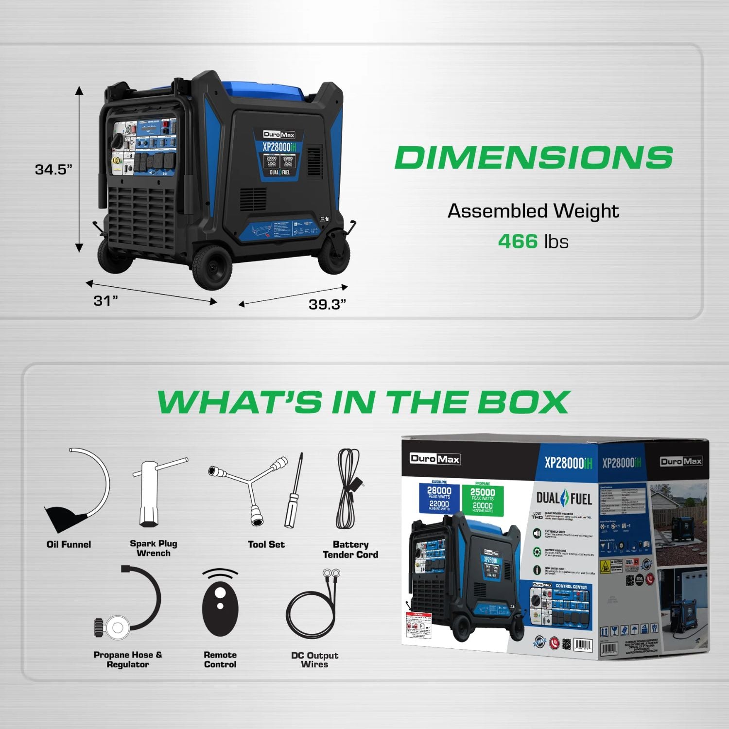DuroMax XP28000iH Dual Fuel 28000W/22000W Portable Inverter Generator dimensions 