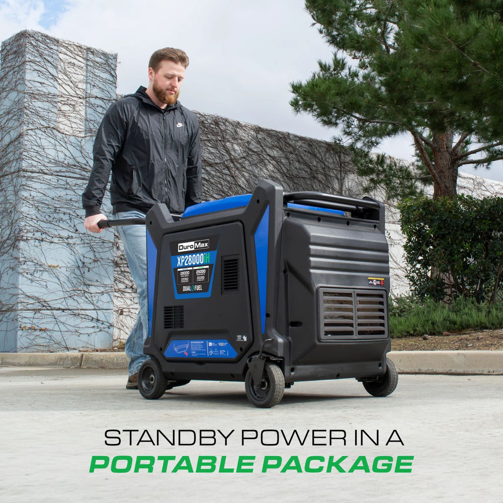 DuroMax XP28000iH Dual Fuel 28000W/22000W Portable Inverter Generator man pushing it with trolley 