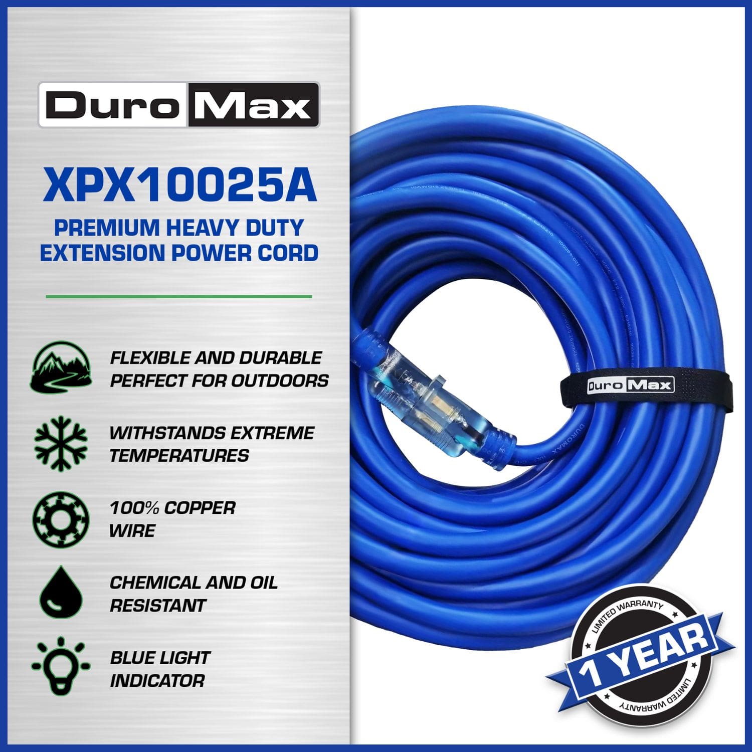 DuroMax XPX10025A Heavy Duty SJEOOW 25-Foot 10 Gauge Blue Single Tap Extension Power Cord specifiations