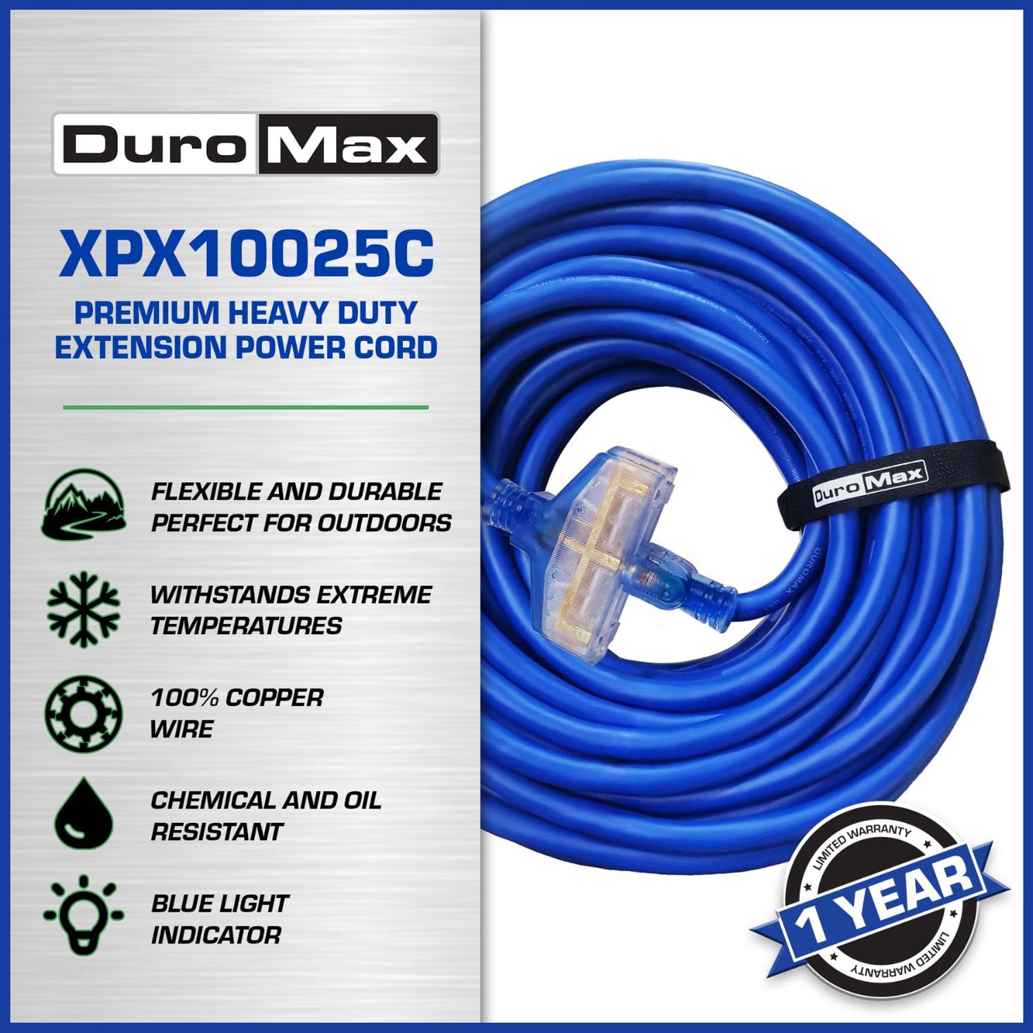 DuroMax XPX10025C Heavy Duty SJEOOW 25-Foot 10 Gauge Blue Triple Tap Extension Power Cord specifications