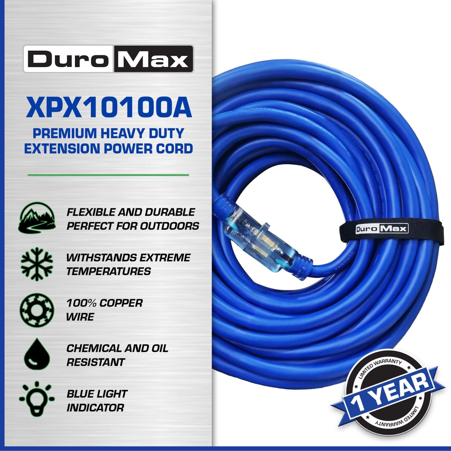 DuroMax XPX10100A Heavy Duty 100-Foot 10 Gauge Blue Single Tap Extension Power Cord Features