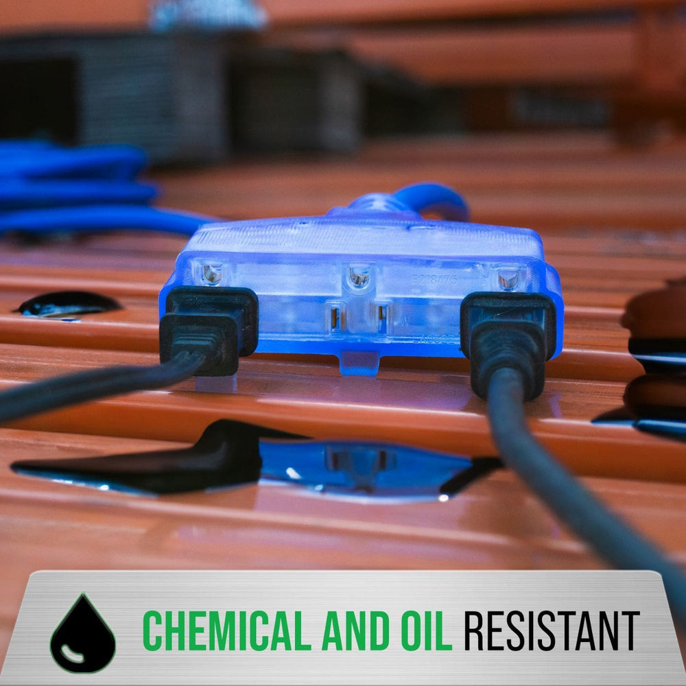 DuroMax XPX10100C Heavy Duty SJEOOW 100-Foot 10 Gauge Blue Triple Tap Extension Power Cord chemical and oil resistant