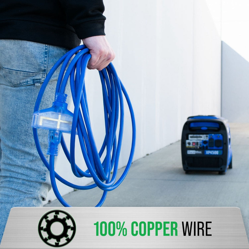 DuroMax XPX10100C Heavy Duty SJEOOW 100-Foot 10 Gauge Blue Triple Tap Extension Power Cord copper wire